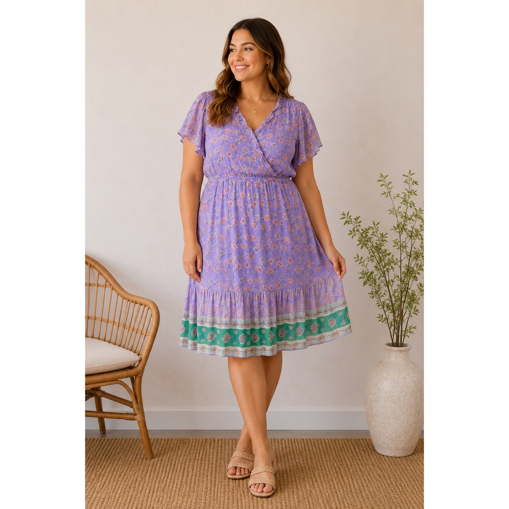 NEW‎ LC Lauren Conrad Purple Floral Flutter Dress Plus 4X Metallic Gold